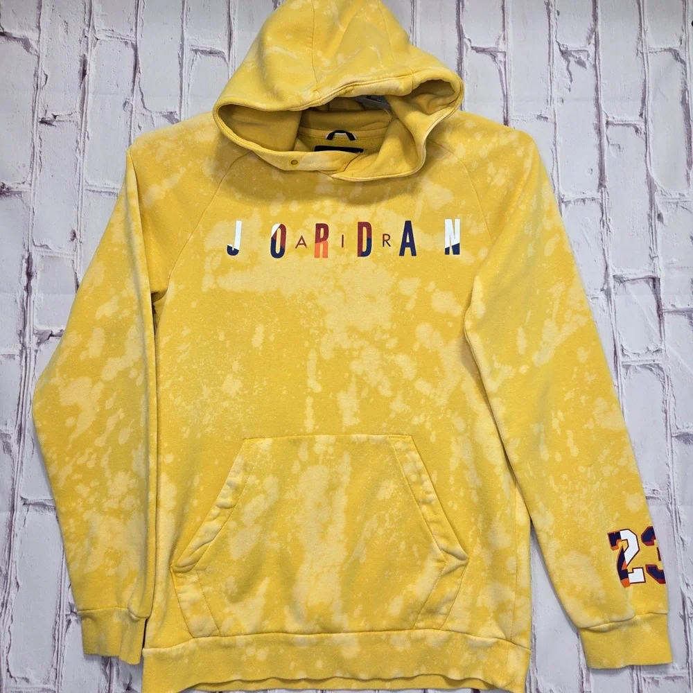 Air Jordan Men Yellow Acid Wash Bleach Splatter Pullover Hoodie Graphic Sz Small